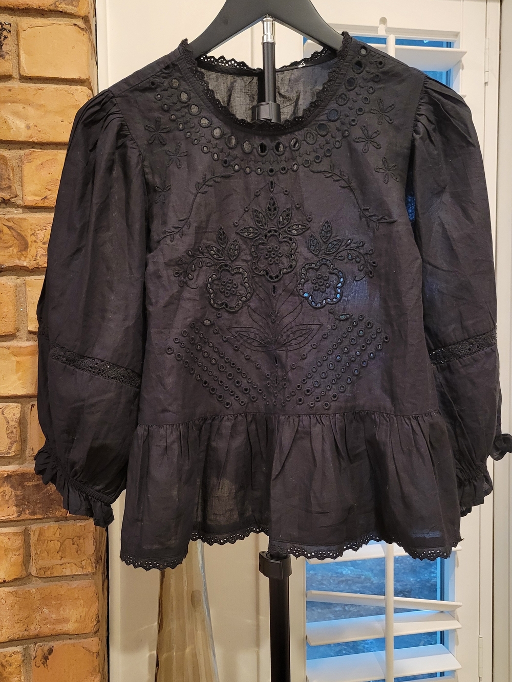American Eagle Outfitters Black Embroidered Peplum Blouse